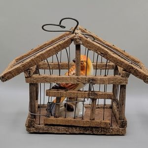 Rustic Small Primitive Wooden Hanging Handmade Folkart Birdcage Approx 5"H x 5"W